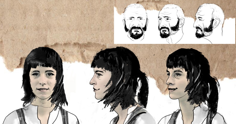 tres vistas de un personaje en el taller de cómi e ilustración