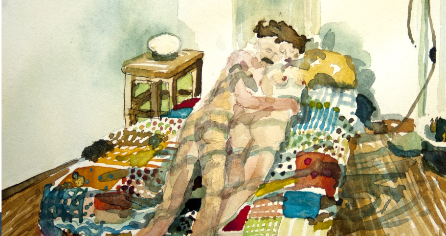 pintura de María Meijide que presenta a dos amantes en la cama